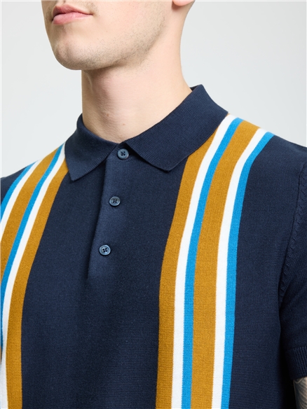 Short Sleeve Vertical Stripe Polo in Dark Navy