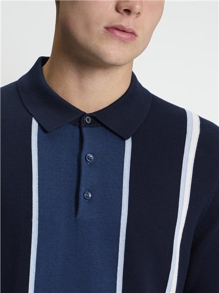 Short Sleeve Mod Stripe Knitted Polo in Dark Navy