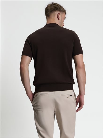 Short Sleeve Ivy Cable Knitted Polo in Dark Brown