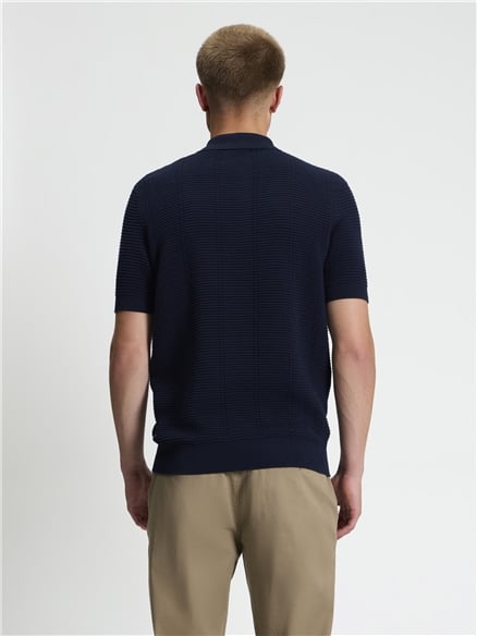 Short Sleeve Texture Rib Knitted Polo in Dark Navy