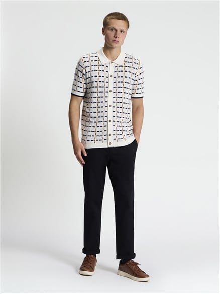 Short Sleeve Button Through Check Knitted Shirt in Ivory