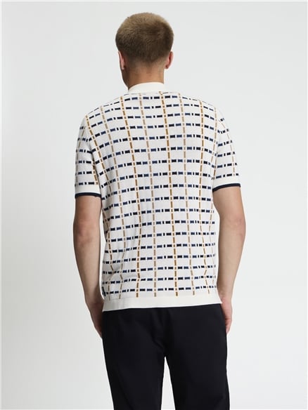 Short Sleeve Button Through Check Knitted Shirt in Ivory