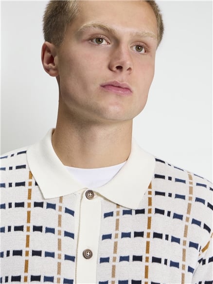 Short Sleeve Button Through Check Knitted Shirt in Ivory