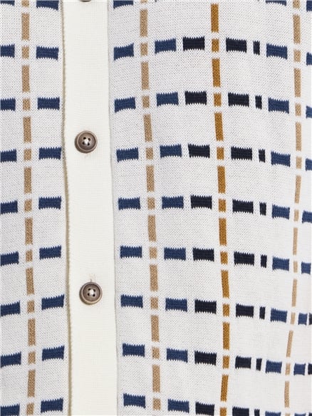 Short Sleeve Button Through Check Knitted Shirt in Ivory