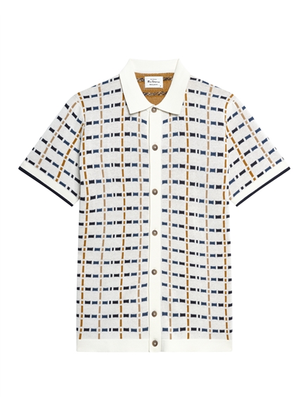 Short Sleeve Button Through Check Knitted Shirt in Ivory
