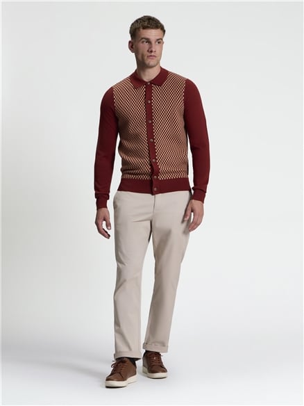 Long Sleeve Contrast Checkerboard Button Through Knitted Shirt in Sienna