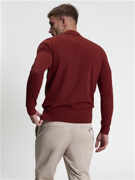 Long Sleeve Contrast Checkerboard Button Through Knitted Shirt in Sienna