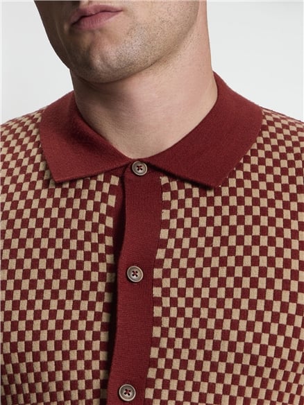 Long Sleeve Contrast Checkerboard Button Through Knitted Shirt in Sienna