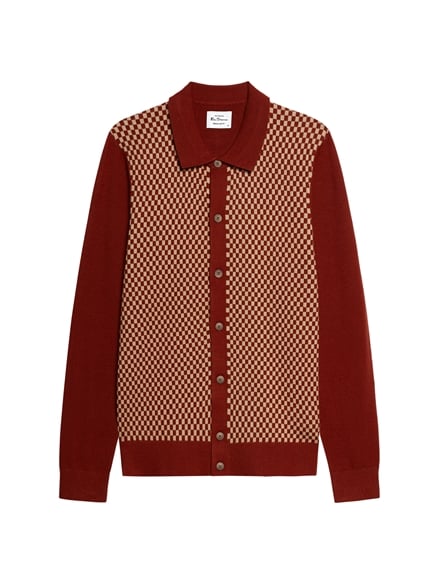 Long Sleeve Contrast Checkerboard Button Through Knitted Shirt in Sienna