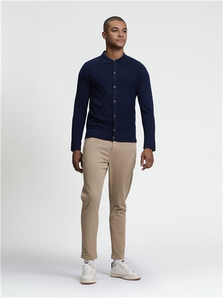 Long Sleeve Checkerboard Button Through Knitted Shirt in Dark Navy