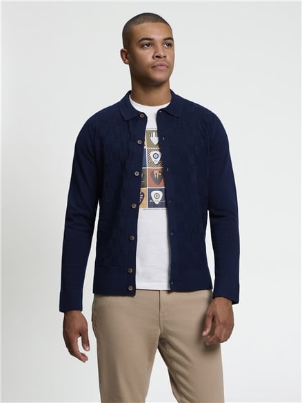 Long Sleeve Checkerboard Button Through Knitted Shirt