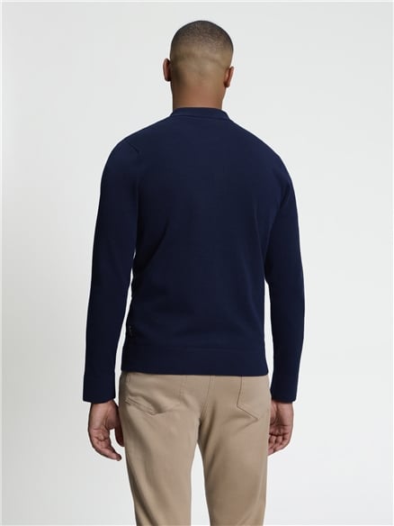 Long Sleeve Checkerboard Button Through Knitted Shirt in Dark Navy