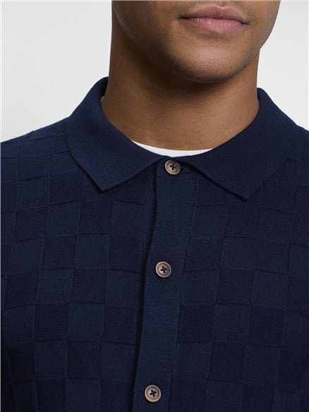 Long Sleeve Checkerboard Button Through Knitted Shirt in Dark Navy