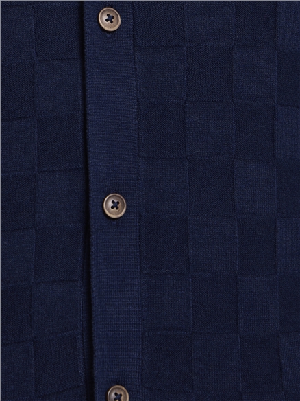 Long Sleeve Checkerboard Button Through Knitted Shirt in Dark Navy