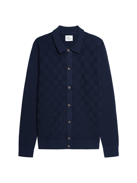 Long Sleeve Checkerboard Button Through Knitted Shirt in Dark Navy
