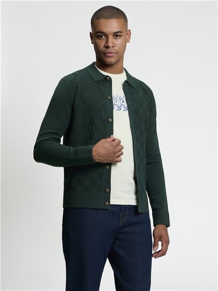 Long Sleeve Checkerboard Button Through Knitted Shirt