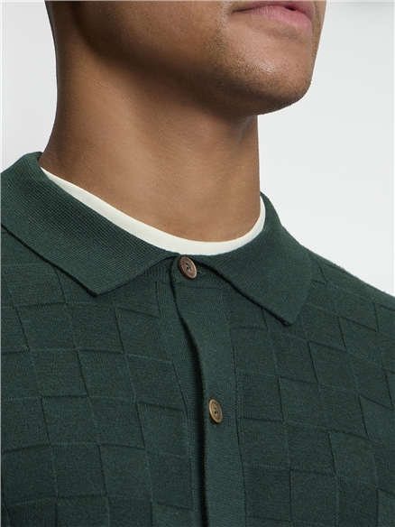 Long Sleeve Checkerboard Button Through Knitted Shirt in Lotus Green