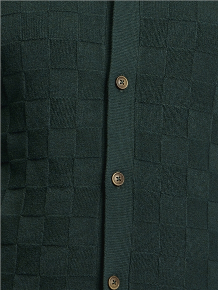 Long Sleeve Checkerboard Button Through Knitted Shirt in Lotus Green