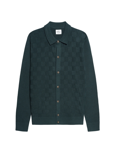 Long Sleeve Checkerboard Button Through Knitted Shirt in Lotus Green