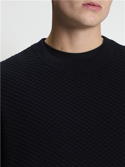Long Sleeve Texture Front Crew Neck Jumper in Black