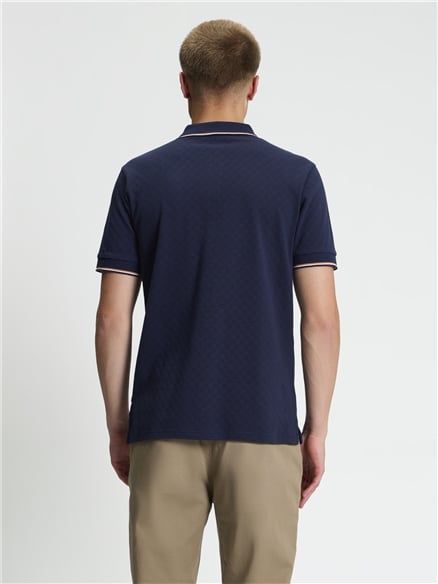 Short Sleeve Textured Checkerboard Polo in Dark Navy