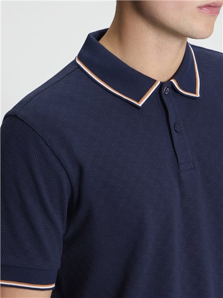 Short Sleeve Textured Checkerboard Polo in Dark Navy