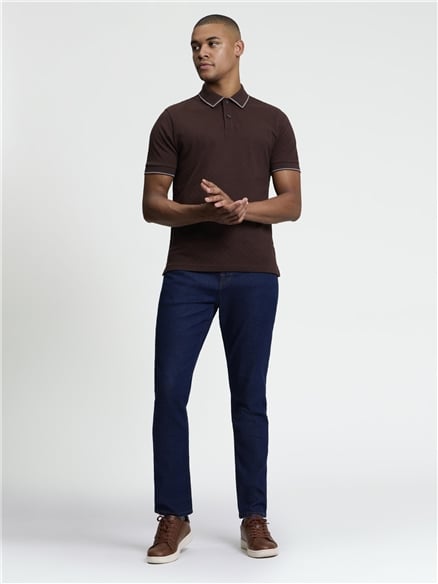 Short Sleeve Textured Checkerboard Polo in Dark Brown