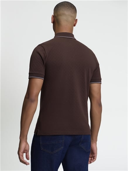 Short Sleeve Textured Checkerboard Polo in Dark Brown
