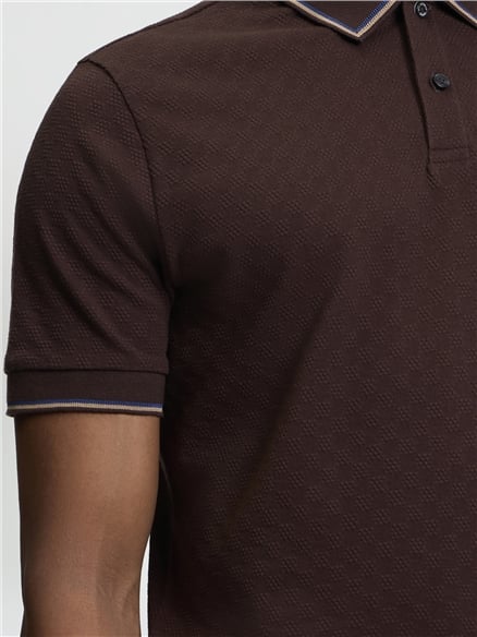 Short Sleeve Textured Checkerboard Polo in Dark Brown