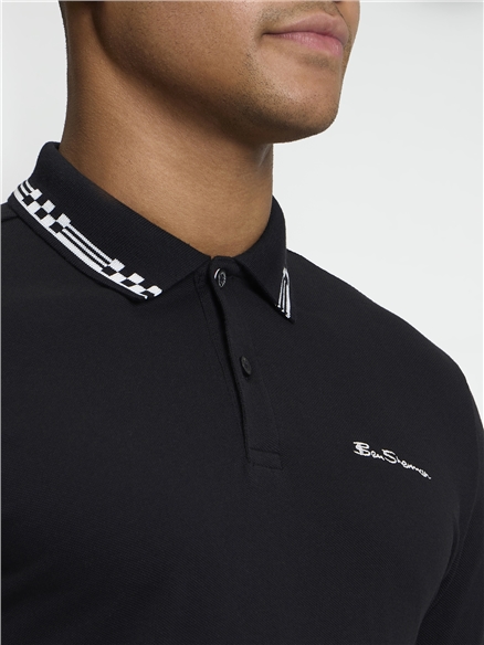 Short Sleeve Checkerboard Collar Polo in Black