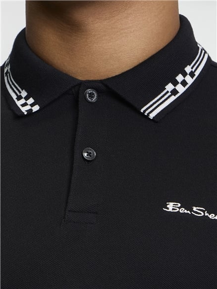 Short Sleeve Checkerboard Collar Polo in Black
