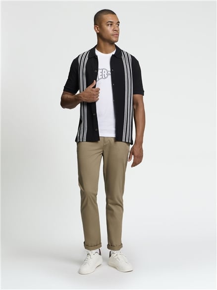 Short Sleeve Birdseye Stripe Button Through Polo in Black