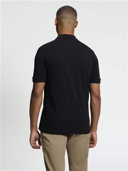 Short Sleeve Birdseye Stripe Button Through Polo in Black