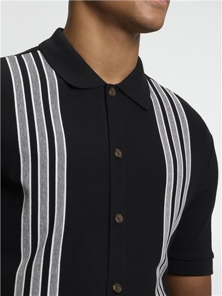 Short Sleeve Birdseye Stripe Button Through Polo in Black