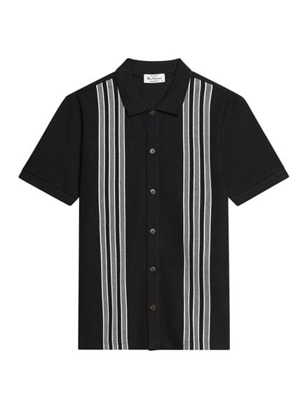 Short Sleeve Birdseye Stripe Button Through Polo in Black