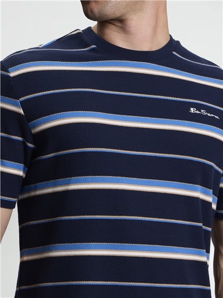 Short Sleeve Heritage Pique Stripe Tshirt in Dark Navy