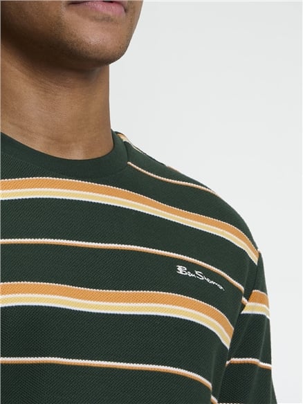 Short Sleeve Heritage Pique Stripe Tshirt in Bottle Green