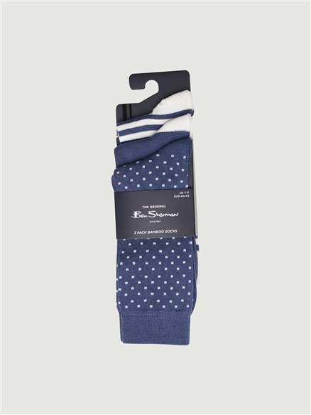3 PACK SOCKS - SPOT, STRIPE, CHECK in Blue Denim