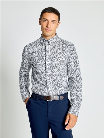 Long Sleeve Scattered Floral Print Shirt in Snow White