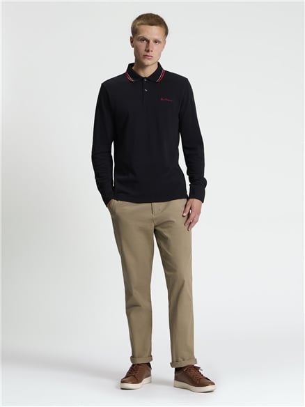 Long Sleeve Signature Pique Polo in Black