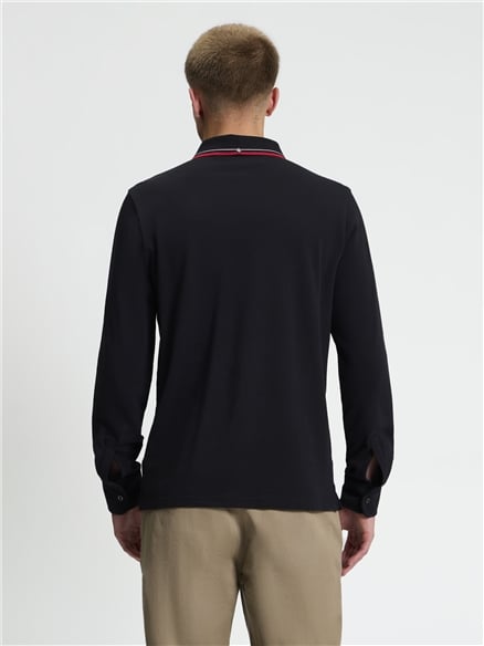 Long Sleeve Signature Pique Polo in Black