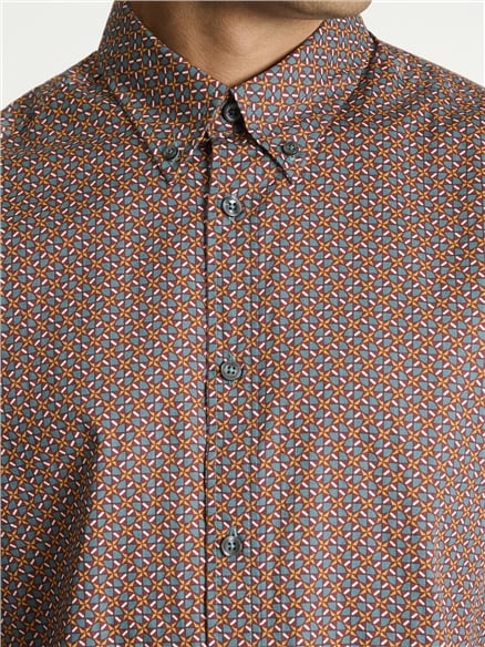 Long Sleeve Split Geo Print Shirt in Teal