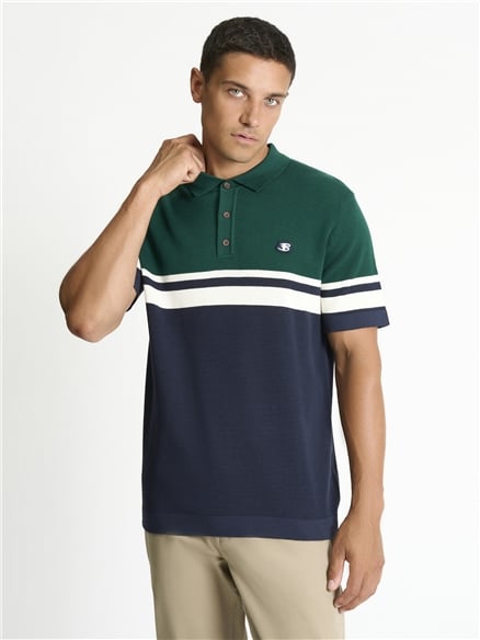 Short Sleeve Sports Stripe Knitted Polo in Dark Navy