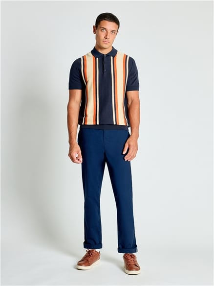 Short Sleeve Vertical Stripe Knitted Polo in Dark Navy