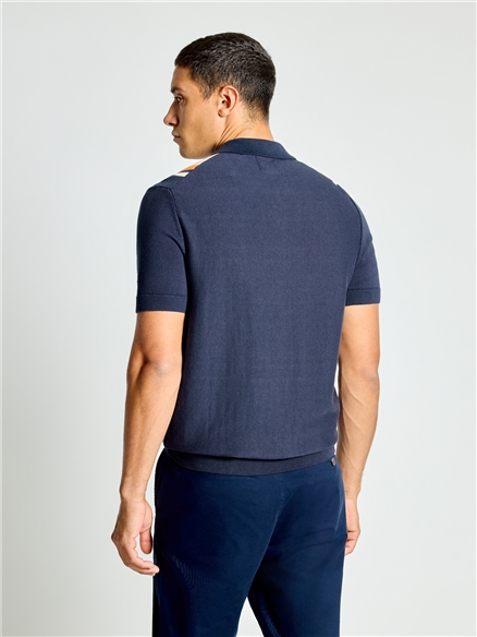 Short Sleeve Vertical Stripe Knitted Polo in Dark Navy