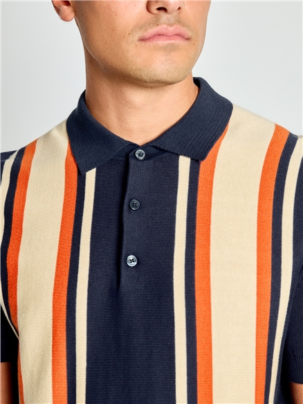 Short Sleeve Vertical Stripe Knitted Polo in Dark Navy