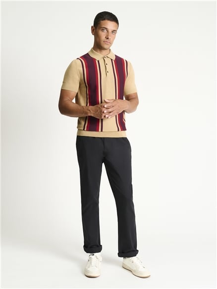 Short Sleeve Vertical Stripe Knitted Polo in Sand