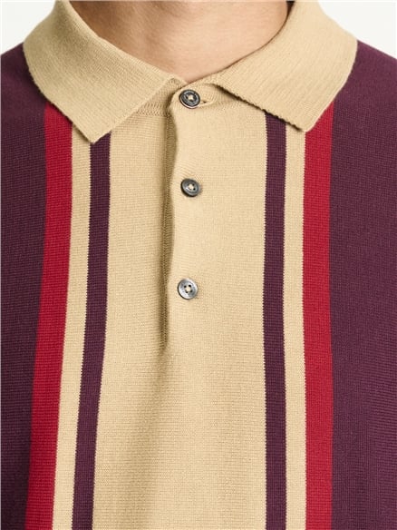 Short Sleeve Vertical Stripe Knitted Polo in Sand