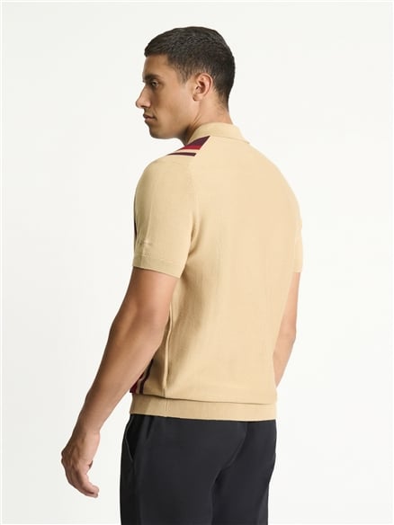 Short Sleeve Vertical Stripe Knitted Polo in Sand
