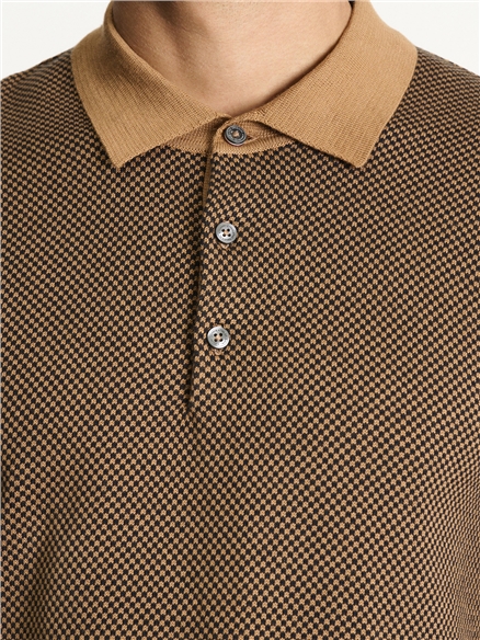 Two Tone Button Through Knitted Polo in Camel